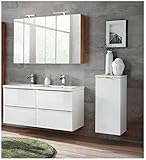 naka24 Badmöbel Set Capri Weiss Hochglanz 120 cm mit Doppelwaschbecken LED Soft - Close (Waschtisch Spiegelschrank Unterschrank)