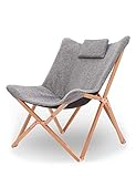 Suhu Klappstuhl Camping Stuhl Lounge Sessel Modern Design Retro Stühle Liegestuhl Klappbar Gartenliege Auflagen Hochlehner TV Relaxliege Mit Holzrahmen Stoff Für Balkon (Hell Grau)