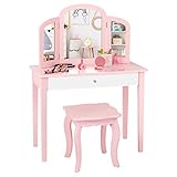 DREAMADE Kinder Schminktisch mit Hocker und abnehmbarem Spiegel, Kinderschminktisch aus Holz, Frisierkommode, Kosmetiktisch, Prinzessin Frisiertisch mit Schublade für Kinder Mädchen (Rosa)