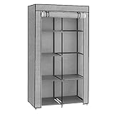 SONGMICS Kleiderschrank, Garderobe, mit 1 Kleiderstange, 6 Einlegeböden, Vliesstoff, Metallrahmen, 45 x 88 x 168 cm, für Schlafzimmer, Flur, grau mit Fischgrätmuster RYG084G22