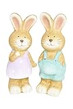 HEITMANN DECO Keramik Hase und Häsin - Dekofiguren Hasen-Paar, Osterhasen - Osterdeko, Frühling - 2er Set, groß - Braun, Grün, Lila