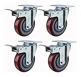 TEMKIN Plattenrollen, 4 Hochleistungs-Gummirollen, 25''/75 mm/100 mm/5 Zoll, Lenkrollen mit Bremse, 300 kg, universelle leise Plattenrollen for industrielle Transportwagen, Möbelrollen (Farbe: R Rolle