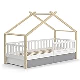VitaliSpa Kinderbett Hausbett Einzelbett Design modern Kinderzimmer Bett Massivholz Lattenrost Schublade Rausfallschutz Schubladenbett (Weiß-Grau-Natur, 90x200 cm ohne Matratze)
