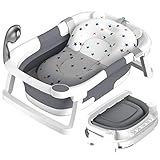 Rabb 1st faltbare Babybadewanne, unverzichtbares Babybadezubehör, tragbare Multifunktions-Babybadewanne von Neugeborenen bis Kleinkindern mit rutschfester Matte und Abflussloch (Grau + Baby-Badematte)