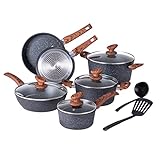 Kitchen Academy Topfset 12tlg, Topf Pfannenset mit Deckel Antihaft-Versiegelung Kochgeschirr Set, induktionsgeeignet, Maseriger glater Griff, Schwarz