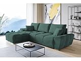 ML Furniture Velvet Ecksofa in L-Form – Grün Sofa – Couch mit Stauraum und Kissen - Ausziehbares Schlafsofa – Sofa mit Schlaffunktion - Schlafsofa mit Bettkasten – Gästebett – 289 x 189 cm