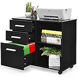 COSTWAY Rollcontainer mit 3 Schubladen, mobiler Aktenschrank mit Rädern, Büroschrank Druckerständer mit offenen Ablagefächern, multifunktionaler Aufbewahrungsschrank für Büro, Zuhause (Schwarz)