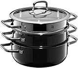 WMF Fusiontec Compact Topfset Induktion 3-teilig, Kochtopf Set, Dämpfer, Glasdeckel, Cromargan Edelstahl poliert, Töpfe Set stapelbar, schwarz