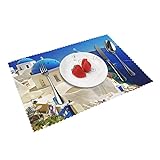 Santorini Tischsets mit griechischer Insel, 4 Stück, fettdichte und isolierte bedruckte Tischsets, geeignet für Hotel, Party und Zuhause. 30,5 x 45,7 cm