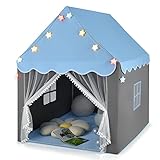 DREAMADE Kinderspielzelt Spielzelt für Kinder mit gepolsterter Decke und Lichterkette, Kinder Spielhaus mit Netzvorhang und Fenstern, Kinderzelt für Jungs & Mädchen, für Indoor und Outdoor (Blau)