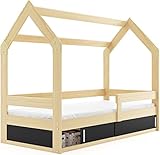 Interbeds Hausbett Kinderbett 80x160cm mit Lattenrost und Stauraum unter Bett Jugendbett mit Rausfallschutz sehr Stabiler Konstruktion komfortabel funktional Einzelbett (Kiefer)