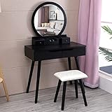 beaka Schminktisch Set Mit Hocker, Vintage Schminktisch Mit Spiegel, Kosmetiktisch Makeup Tisch Mit Gepolstertem Hocker Und Schubladen, Leicht Zu Montieren，Schwarz