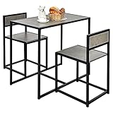 COSTWAY Bartisch Set 3-teilig, Esstisch mit 2 Stühlen, Kleine Essgruppe mit Metallgestell, Küchenbar Sitzgruppe, Küchentisch Stehtisch Holz, Bistrotisch für Küche, Esszimmer und Bistro (Grau)