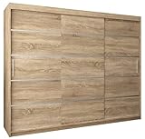 Kryspol Schwebetürenschrank Verona 1 250 cm Kleiderschrank mit Kleiderstange und Einlegeboden Schlafzimmer- Wohnzimmerschrank Schiebetüren Modern Design (Schubladen: 4, Sonoma)