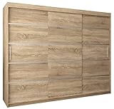 Kryspol Schwebetürenschrank Verona 1 250 cm Kleiderschrank mit Kleiderstange und Einlegeboden Schlafzimmer- Wohnzimmerschrank Schiebetüren Modern Design (Schubladen: 4, Sonoma)