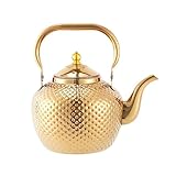 Retro Edelstahl Teekessel mit Siebaufsatz Hitzebeständig Herausnehmbaren Edelstahl Filter Sieb Gold Teekocher Teapot für Induktionsherd Alle Herdarten 2L