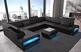 Wohnlandschaft Verona Ledersofa U Form Sofa - mit LED Beleuchtung, verstellbare Kopfstützen/Lederfarben wählbar/Ausrichtung wählbar (Lange Seite rechts, Black)