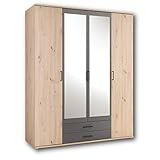 Stella Trading CHICAGO Eleganter Kleiderschrank mit viel Stauraum - Vielseitiger Drehtürenschrank in Artisan Eiche Optik und Absetzungen in Anthrazit - 156 x 197 x 54 cm (B/H/T)