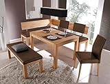 expendio Tischgruppe Ausziehtisch Grover XL 150(250) x90 cm Kernbuche + 2X Bank Calla + Kissen + 1x Stuhl Cordia Bezug Loco Walnut, kurzer Schenkel bei Eckbank:Links