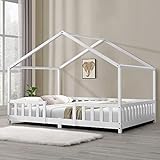 Kinderbett Treviolo mit Rausfallschutz 120x200cm Hausbett mit Lattenrost und Gitter Bettenhaus aus Holz Spielbett Weiß