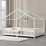 Kinderbett Treviolo mit Rausfallschutz 120x200cm Hausbett mit Lattenrost und Gitter Bettenhaus aus Holz Spielbett Weiß