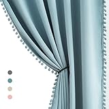 Treatmentex Blickdicht Vorhang mit Pompons Blau Vorhang mit Ösen Landhausstil Wärmeisoliert Thermovorhang Verdunkelungsvorhänge für Mädchenzimmer,Wohnzimmer,Schlafzimmer-2 Stück(Blau,140x180cm)