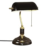 LANMOU Retro Tischlampe, Traditionelle Bankerlampe mit Zugschalter, Vintage Schreibtischlampe Antik Bibliothekslampe, Schwarz Lampenschirm aus Glas, Nachttischlampe für Schlafzimmer (Schwarz und Gold)