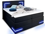 wonello Boxspringbett 180x200 mit Bettkasten und LED Beleuchtung - gemütliches Bett mit LED Beleuchtung - Stauraumbett 180 x 200 cm schwarz mit Matratze und Topper