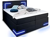 wonello Boxspringbett 180x200 mit Bettkasten und LED Beleuchtung - gemütliches Bett mit LED Beleuchtung - Stauraumbett 180 x 200 cm schwarz mit Matratze und Topper