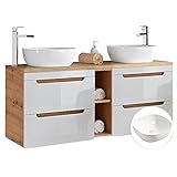 Lomadox Badmöbel Waschtisch Set 140 cm Hochglanz weiß Eiche, 2 Keramik-Waschbecken, Waschtisch-Unterschrank 4 Softclose-Schubkästen, Ablage-Regal