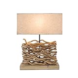 Tischlampe Aberon - Tischleuchte - Lampe Wohnzimmer Lampe Schlafzimmer - rustikal - aus Holz und Textilschirm - Natur - ca. 40 cm x 15 cm x 50 cm (B x T x H) - ca. 135 cm Kabellänge