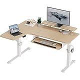 EUREKA ERGONOMIC Höhenverstellbarer Schreibtisch Elektrisch mit Tastatur-Fach, 155×110cm Schreibtisch L-Form Doppelmotor Tisch mit Kabelmanagement, Monitorständer LED-Streifen und Memory Funktion