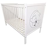 Bello24 - Kinderbett Babybett Mondbärchen Ökologisch und aus Massivholz 3 Fach höhenverstellbar mit DREI herausnehmbare Latten 60 x 120 cm