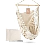 FeelCozy Hängesessel + Schwingfeder & 2 Kissen [Hängestuhl mit erweiterter Fussablage] | XXL Hängeschaukel für Kinder & Erwachsene bis 150kg | Hängesitz Outdoor & Indoor | (Bohemian Beige)