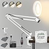 10X Magnifying Glass with Light, 3 Color Modes Stepless Dimmable Lighted Magnifier Clamp Lamp, Adjustable Arm 4.3' Diameter Real Glass Lens LED Magnifying Glasses for Hobbies Reading Work (White)