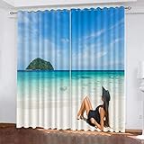 ANEEHA Vorhang Blickdicht Meerblick Vorhänge Frau Gardinen Wohnzimmer Schlafzimmer Verdunklungsvorhänge Thermovorhang 3D Druck Schallschutz Vorhang mit Ösen 2er Set B 60 x H 150 cm