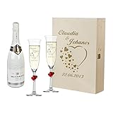 2 Sektgläser mit roten Herzen und Sekt-Flasche in Geschenkbox - Personalisiert mit Gravur - Hochzeit Geschenkidee Sektglas-Set - Motiv Herzen