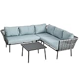 Outsunny 4 TLG. Rattan Gartenmöbel-Set, Sitzgarnitur mit Kissen, Sitzgruppe mit 2 Doppelsofas, 1 Ecksofa, 1 Couchtisch, Gartengarnitur für Balkon, Terrasse, Alu+Polyester, Grau