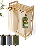 AMBIAVO® Wäschekorb 2 Fächer [creme-beige, 100% Baumwolle, Bambus, 60 l Volumen] | Wäschesammler für Schmutzwäsche| Wäsche Sortiersystem | Wäschesortierer Holz | Wäschebox | laundry baskets