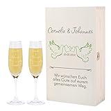 Leonardo Premium Geschenkbox mit 2 Sektgläser zur Hochzeit mit Gratis Gravur und bedruckter Privatglas Holzbox - schönes Hochzeits-Geschenkset