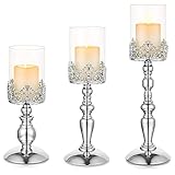 NUPTIO Set mit 3 Kerzenhaltern für Stumpenkerzen, Silber Hurricane Kerzenhalter Moderne Wohnkultur Geschenke, Glassäulen Kerzenhalter für Esszimmer Hochzeitstag Geburtstag Tischdekoration