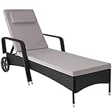 TecTake Aluminium Rattan Sonnenliege mit Armlehne und Rollen, Outdoor Polyrattan Gartenliege mit 6-Fach höhenverstellbarer Rückenlehne (bis 150 kg), Balkon Möbel oder Garten Möbel - schwarz