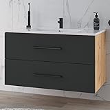 Planetmöbel Badmöbel Waschtischunterschrank hängend inkl. Waschbecken, Waschtischschrank LUX 90 cm, in den Farben Gold Eiche/Anthrazit