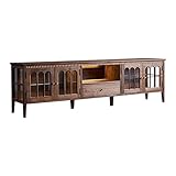 Retro-TV-Schrank, niedriger Wohnzimmerschrank, schwarzer Walnuss-Glas-Spind mit Lampe, Bodenschrank, Sideboard