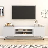 TV-Schrank, TV-Lowboard im modernen Stil, schöne Glastür. Tischplatte in Hochglanz-Marmorstruktur, mit Regal, Zwei Türen, Zwei Trennwänden, mit Wandgerät, 150 x 30 x 47 cm. Weiß