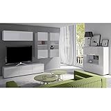 Lomadox Wohnwand Anbauwand weiß Hochglanz 5-teilig Modern, mit 1 TV-Lowboard, 1 Hängeschrank, 2 Hängevitrinen mit Beleuchtung, 1 Highboard