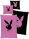 Playboy Wende-Bettwäsche Bunny Pink / Schwarz 135 x 200 cm + 80 x 80 cm - 100% Baumwolle Linon / Renforcé Bettbezug Hase classic Logo Playmates Lifestyle Magazin deutsche Größe mit Reißverschluss