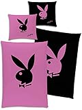 Playboy Wende-Bettwäsche Bunny Pink / Schwarz 135 x 200 cm + 80 x 80 cm - 100% Baumwolle Linon / Renforcé Bettbezug Hase classic Logo Playmates Lifestyle Magazin deutsche Größe mit Reißverschluss