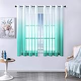 MRTREES Voile Gardinen Farbverlauf Leinenoptik Transparent Vorhang Kurz Tüllvorhang mit Ösen in Türkis Weiß Verlauf 160×140cm (H×B) Modern für Kinderzimmer Wohnzimmer Schlafzimmer 2er-Set