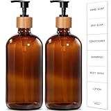 GMISUN Bernsteinglas-Seifenspender mit Bambuspumpe, 500 ml, nachfüllbar, Flüssigseifenspender-Set mit wasserdichten Etiketten, bernsteinfarbene Glasflasche mit Pumpe für Küche und Badezimmer, 2 Stück